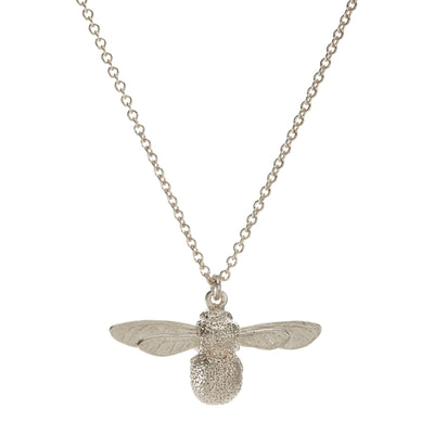 Sterling silver Baby Bee pendant on a silver trace chain on a white background, made by Alex Monroe and stocked by Kirsty Taylor Goldsmiths, Northumberland