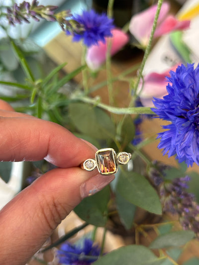 Watermelon Tormaline with Champagne Diamonds in Yellow Gold