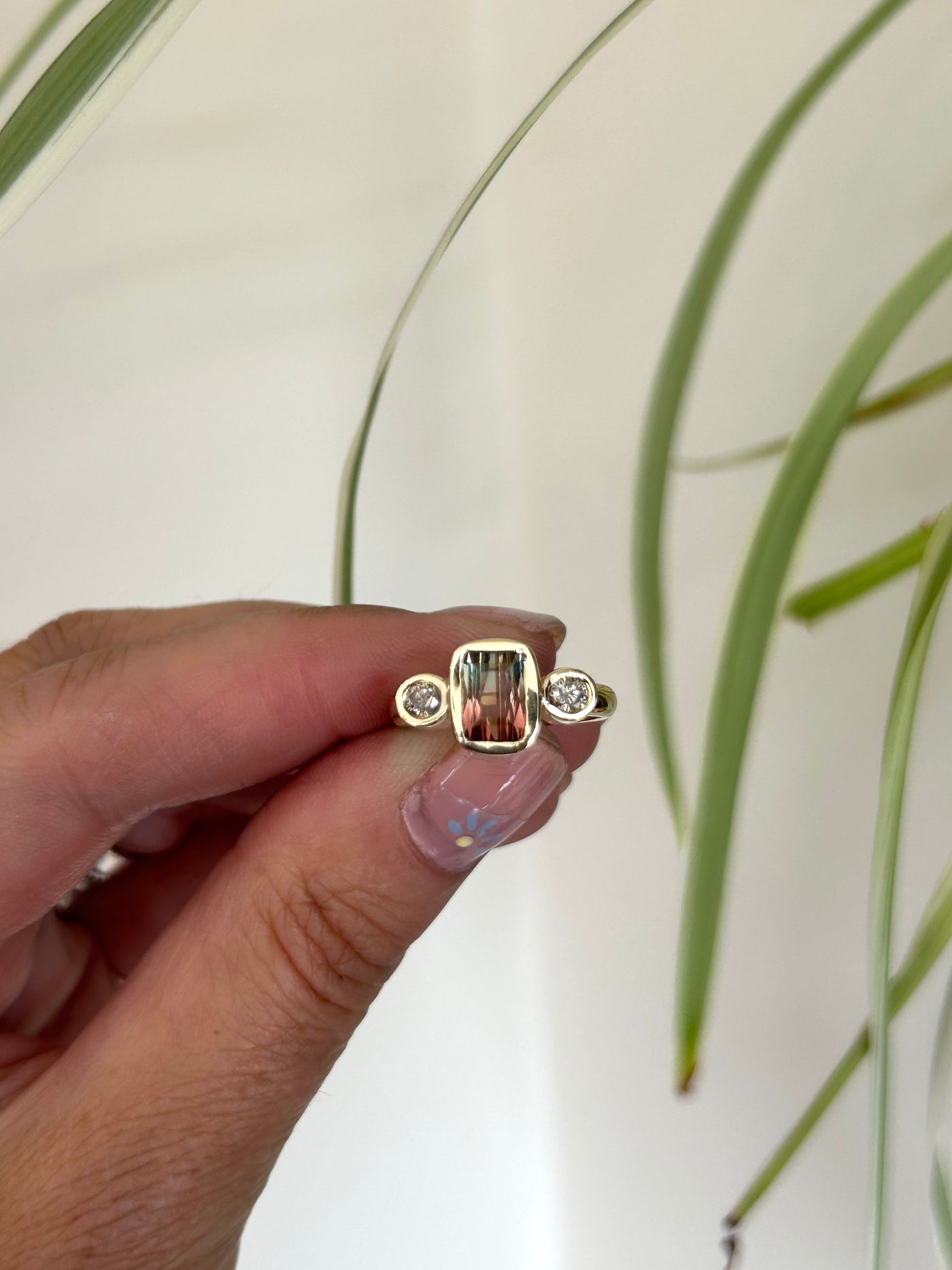 Watermelon Tormaline with Champagne Diamonds in Yellow Gold
