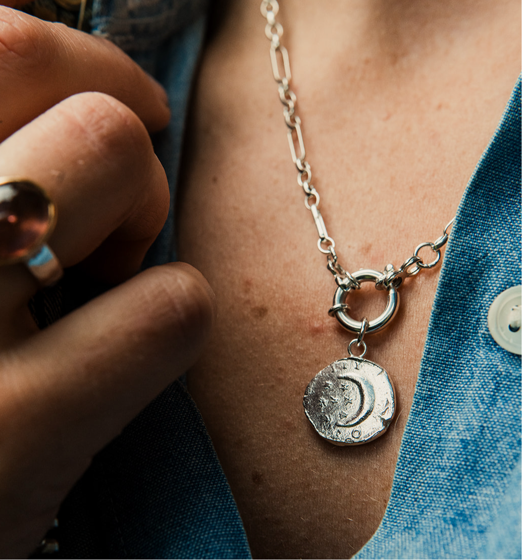 Silver Dark Skies Crescent Moon Coin Pendant