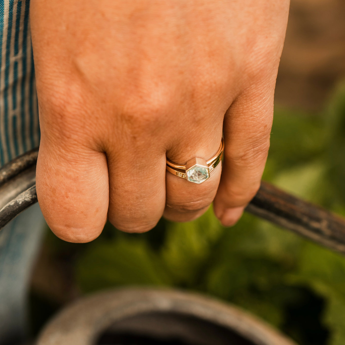 Hexagonal Aquamarine in Silver and Gold Ring