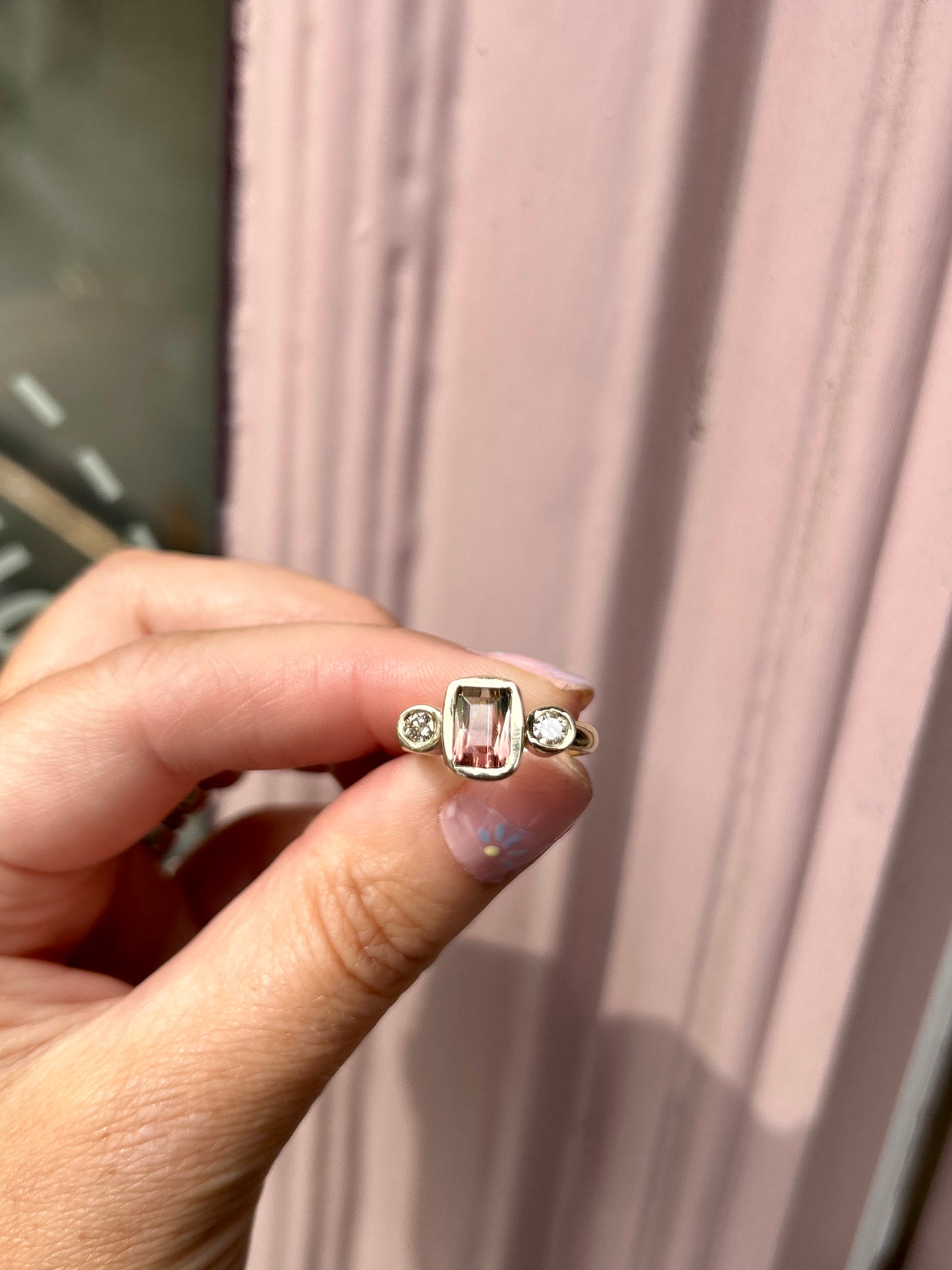 Watermelon Tormaline with Champagne Diamonds in Yellow Gold