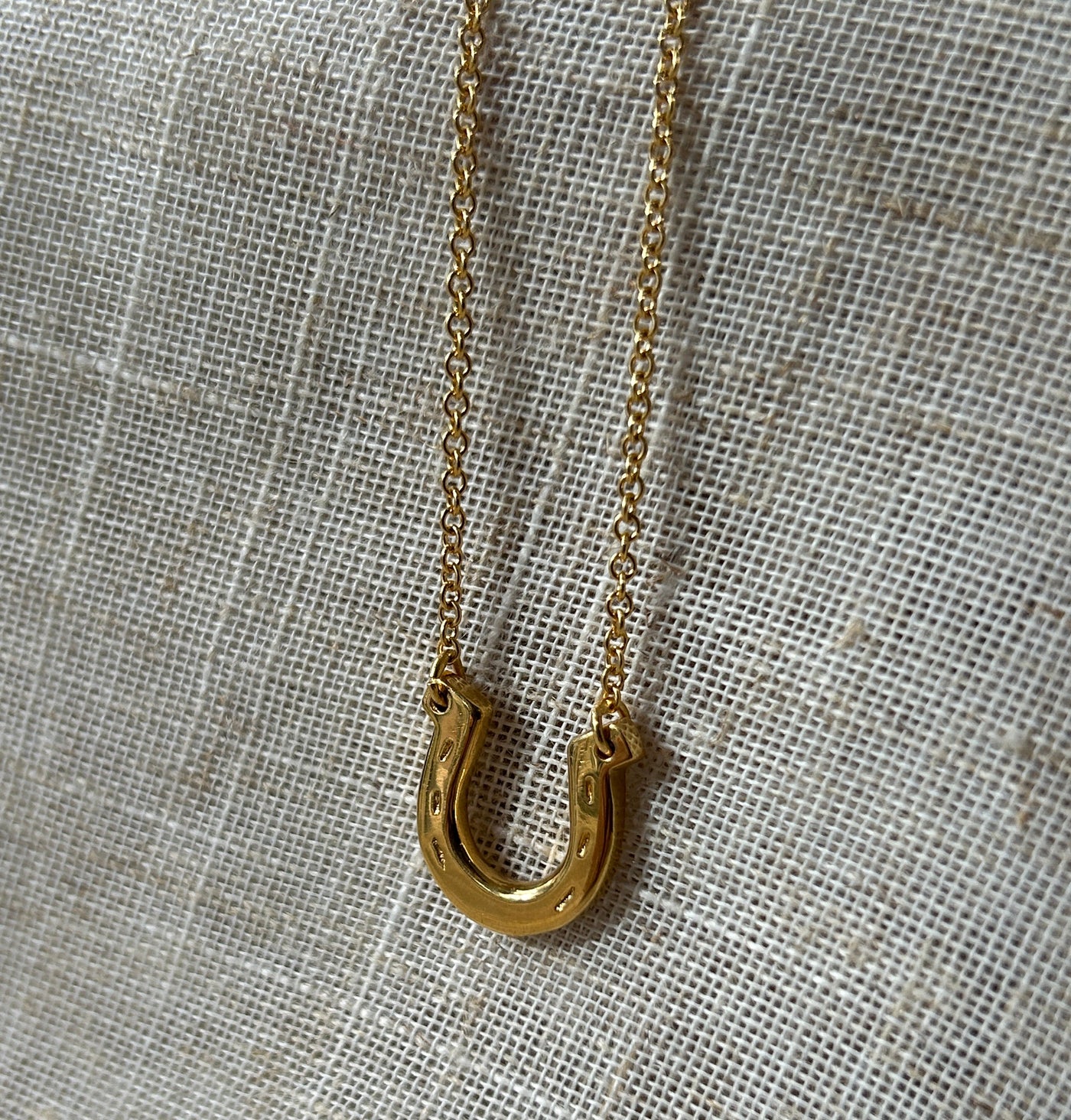 Gold horseshoe necklace with a unique clasp on a textured fabric background