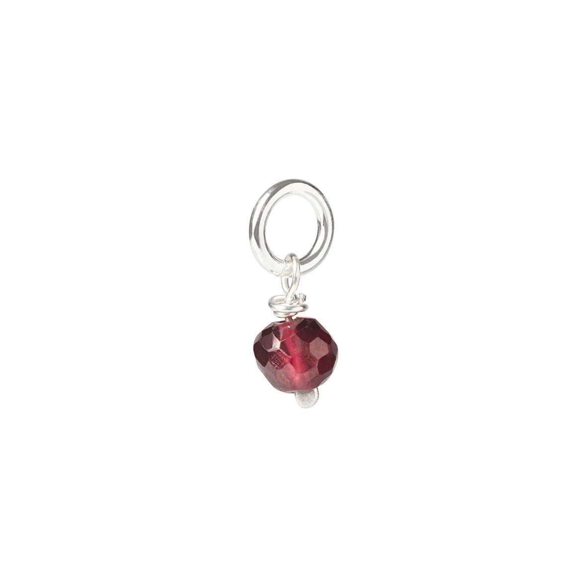 A red garnet faceted bead on a silver pin and jump ring on a white background. Garnet is the birthstone for January.