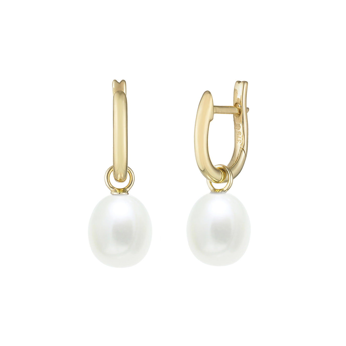 Gold hoop earrings with white pearls on a white background