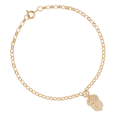 Gold-plated bracelet with a delicate chain and a small acorn charm, featuring intricate detailing on the acorn, and secured with a spring ring clasp.