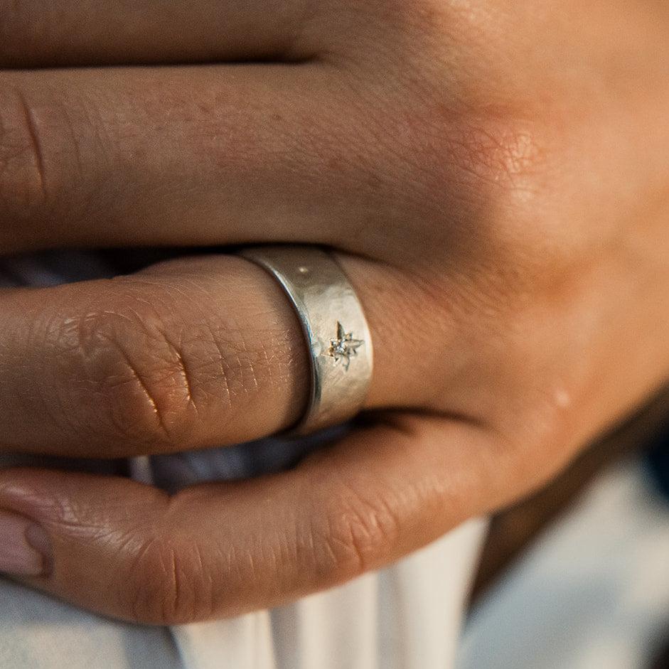 Wide Silver Ring with Diamond