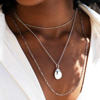 Silver Pebble Charm with Paperclip Chain