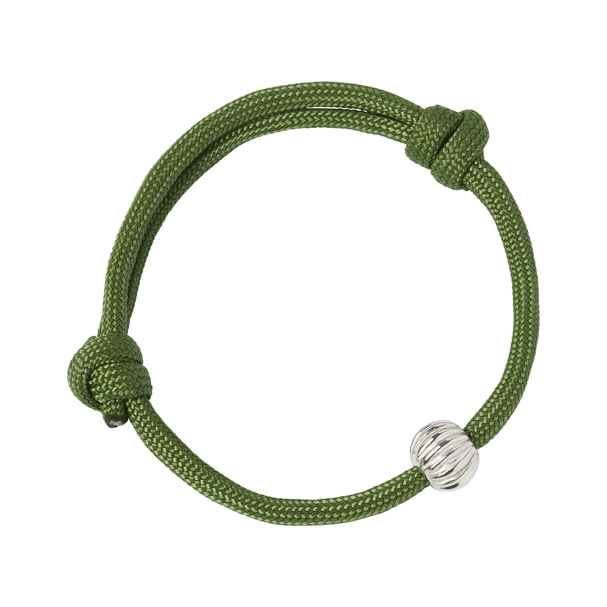 A forest green adjustable paracord bracelet with a sterling silver bead with grooves as inspired by the Roman Melon Beads found at Corstopitum Corbridge Roman site in Northumberland