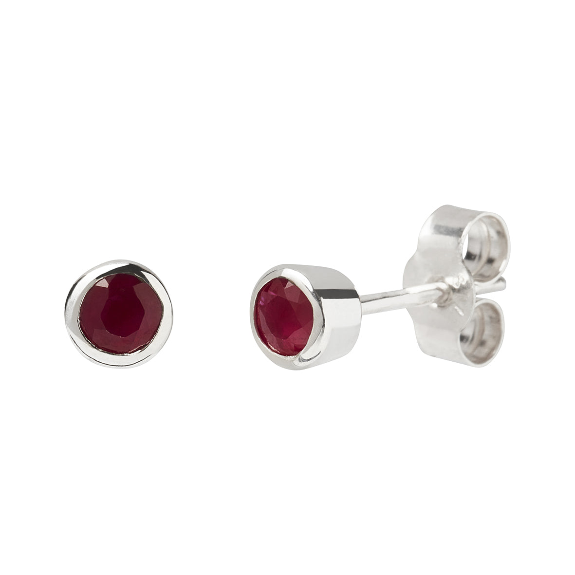 Silver round bezel earrings with 4mm faceted Ruby gemstone with silver pins and butterflies on a white background. Handmade at Kirsty Taylor Jewellery in North East England. 