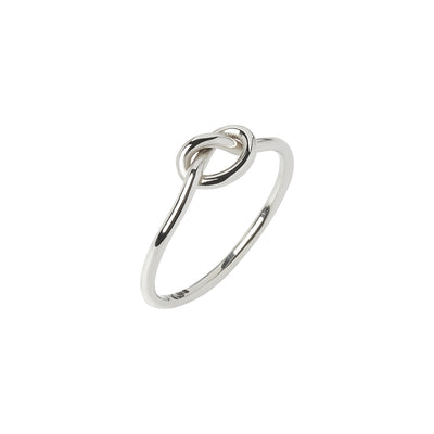 9ct white gold wire ring with a knot tied in the centre and hallmarks on the inside of the ring. The ring has a polished finish and is handcrafted at Kirsty Taylor Goldsmiths, Corbridge Northumberland shop