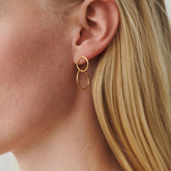 Gold hoop earrings worn by a person with blonde hair.