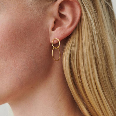 Gold hoop earrings worn by a person with blonde hair.