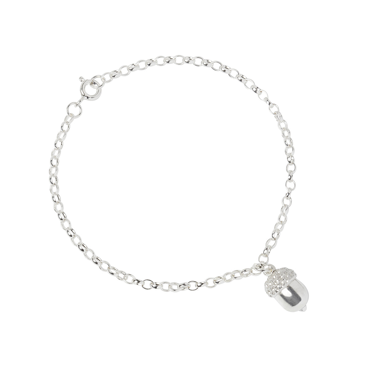 A solid sterling silver acorn charm in the centre of an oval belcher chain bracelet  on a white background. The Acorn is a symbol of strength and new beginnings. Handmade by Kirsty Taylor Jewellery in Corbridge Northumberland