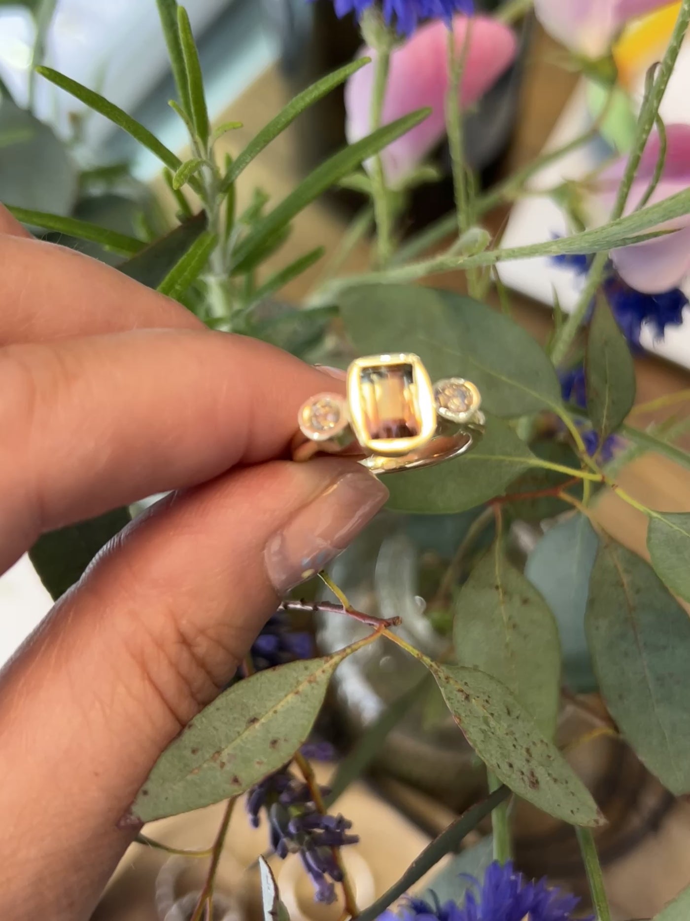 Watermelon Tormaline with Champagne Diamonds in Yellow Gold