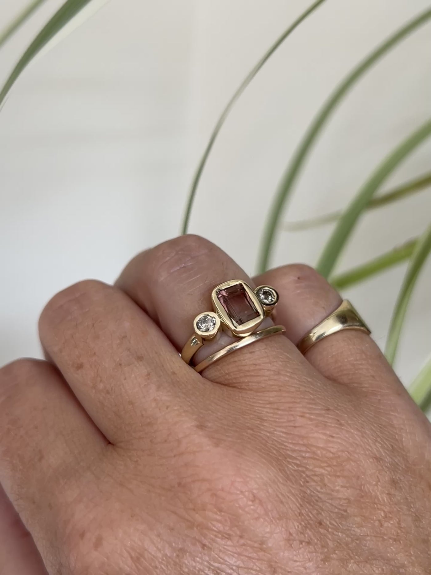 Watermelon Tormaline with Champagne Diamonds in Yellow Gold